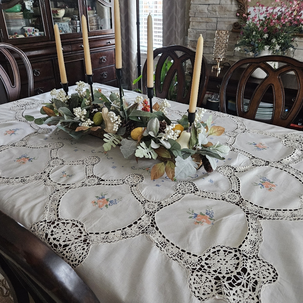 Elegant Vintage CROSS STITCH floral CROCHET Lace Tablecloth 62" X 80"